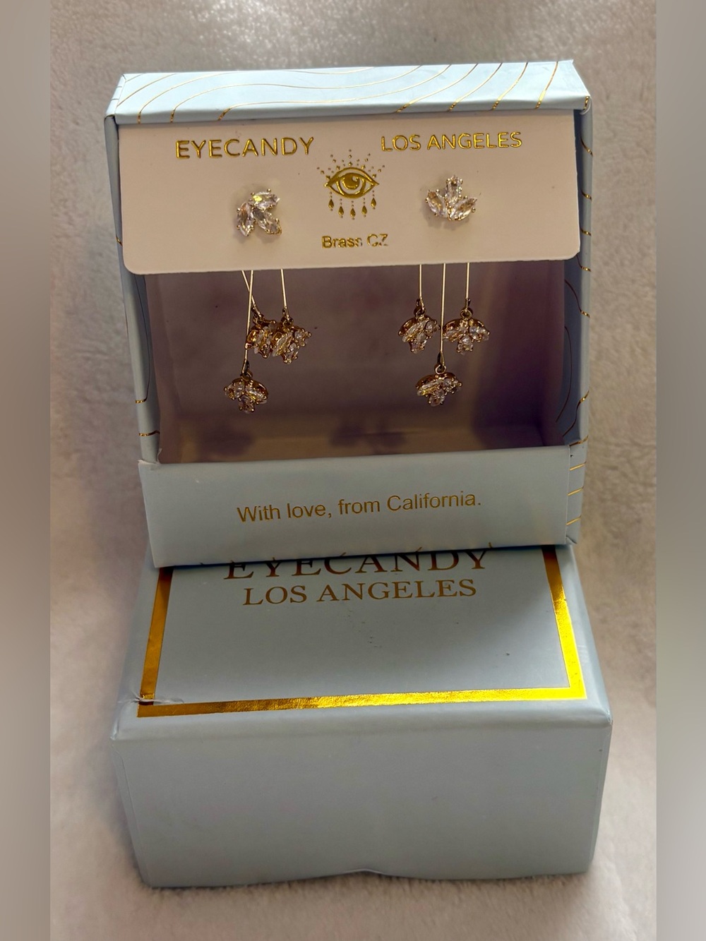 Eye Candy Gold Tone Drop & Stud Earring Set with Clear Stones